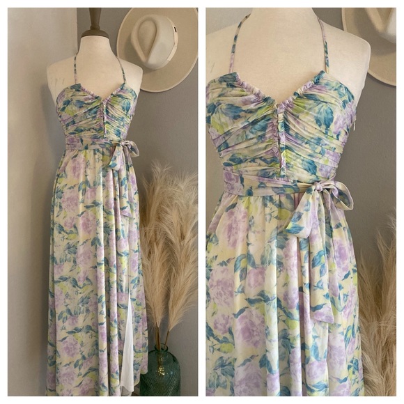 ❤️ Lulus Effortlessly Abloom Green Multi Floral Ruched Halter Midi Dress - Picture 2 of 16